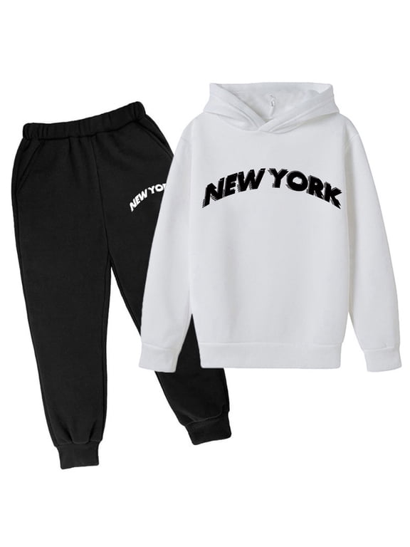 Boys Hoodie Sets Size 6 Long Sleeve Print New York Hoodie Sweatshirt + Pants Sets Regular Fit Boys Fall Winter Outfits Set,Z3-White,5-6 Years