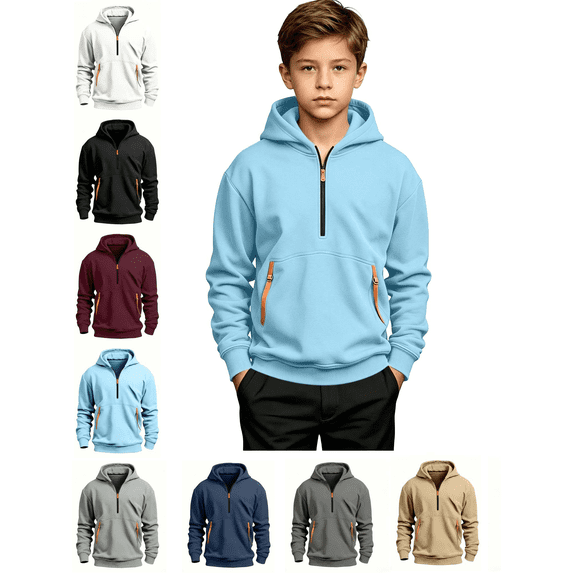 Boys' Hoodie Sweatshirt Quarter Zip Up Lightweight Sweat Shirt with Kangaroo Pockets Warm Hoodie For Boys