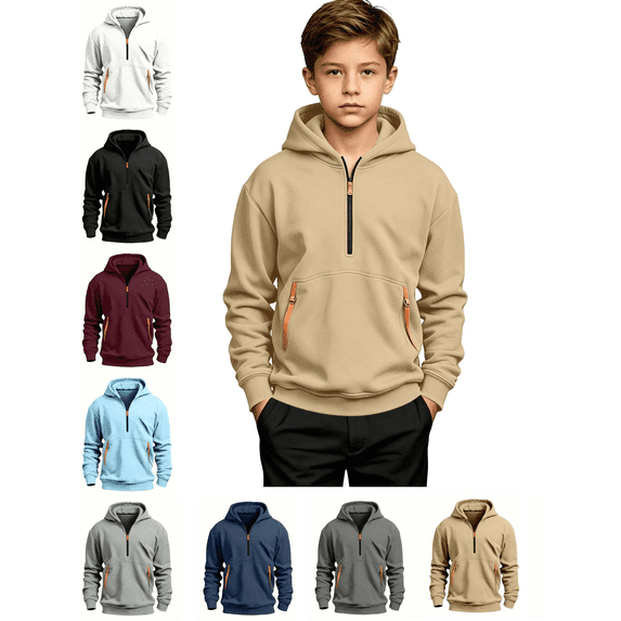 Boys' Hoodie Sweatshirt Quarter Zip Up Lightweight Sweat Shirt with Kangaroo Pockets Warm Hoodie For Boys