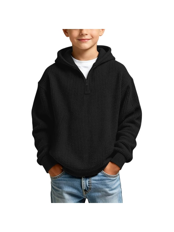 Boys Hoodies Casual Quarter Zip Waffle Sweatshirts Long Sleeve Hooded Pullover Tops Kids Teen Boy Fashion Shirts Fall Winter Hoodie Back to School Clothes 3-14 Years