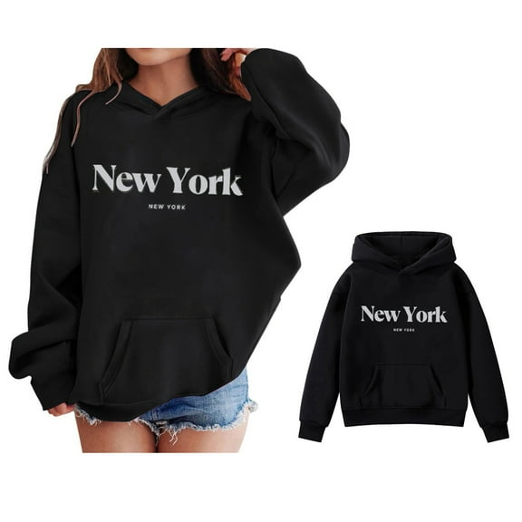 Boys Hoodies City Name Letter Print Black Hoodie Long Sleeve Pullover Tops Warm Fall Winter Clothes Toddler Girls Clothes 5-6 Years