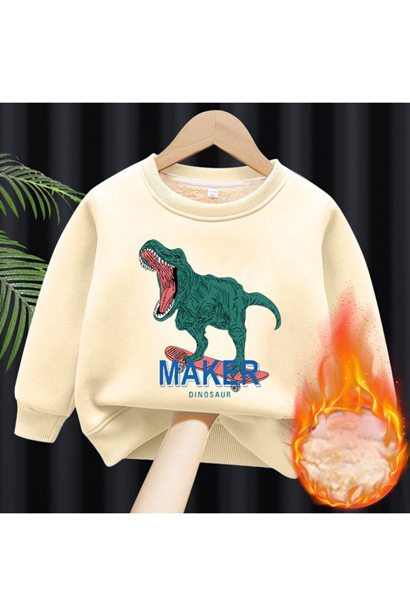 Boys Hoodies Kids Cartoon Dinosaur Print Long Sleeve Crewneck Pullover Top Airy Neat Washable All-Season Boys Sweatshirts