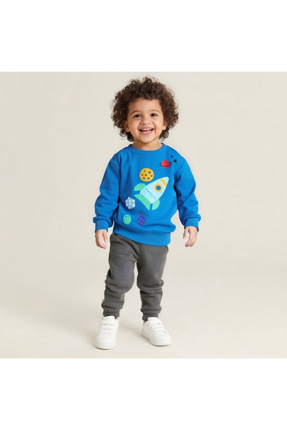Boys Hoodies Kids Cartoon Rocket Print Long Sleeve Crewneck Pullover Top Flexible Finished Edges Durable Multi-Occasion Boys Sweatshirts