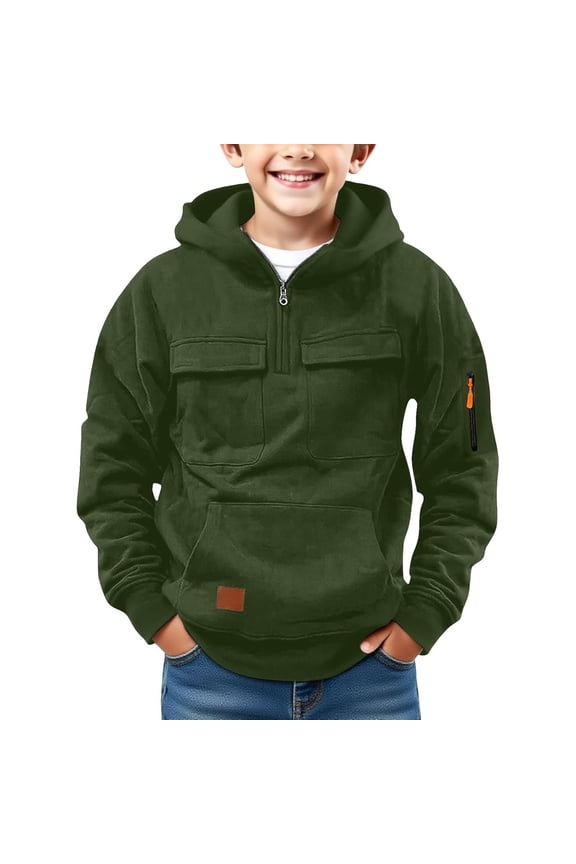 Boys Hoodies Kids Solid Color Quarter Zip Long Sleeve Hooded Pullover Top Airy Neat Wrinkle Resistant All-Season Boys Sweatshirts