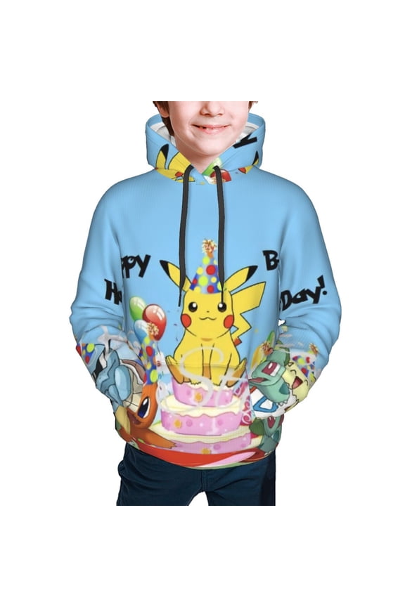 Boys Hoodies,Pokémon-Pikachu It'S My Birthday! Hooded Sweatshirts Casual Long Sleeve Pullover with Pocket for 10-12 Years,M