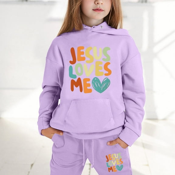 Boys Hoodies Set Jesus Loves You Hoodies Cute Letter Print Long Sleeves Loose Pullover 2 PC Outfits Kids New Year Sweatshirts for Teenagers 8-9 Years