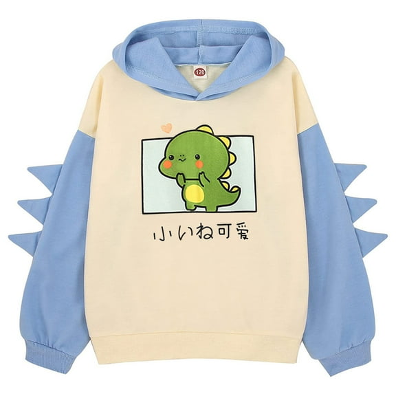 Boys Hoodies Size 6-7T Little Dinosaur Hooded Pullover Cute Raglan Sleeve Splice Cartoon Hooded Winter Kids Casual Light Blue Sweatshirts
