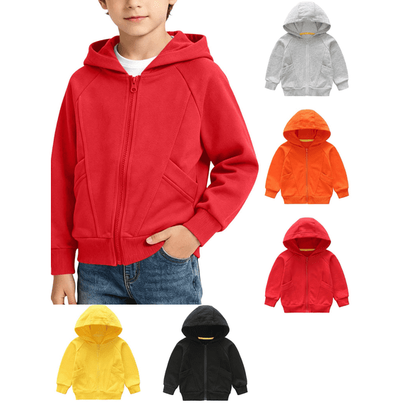 Boys Hoodies Solid Color Comfortable Hooded Zip-Up Sweatshirts for Kids Youth Plain Basic Everyday Wear Sizes 1-12Y