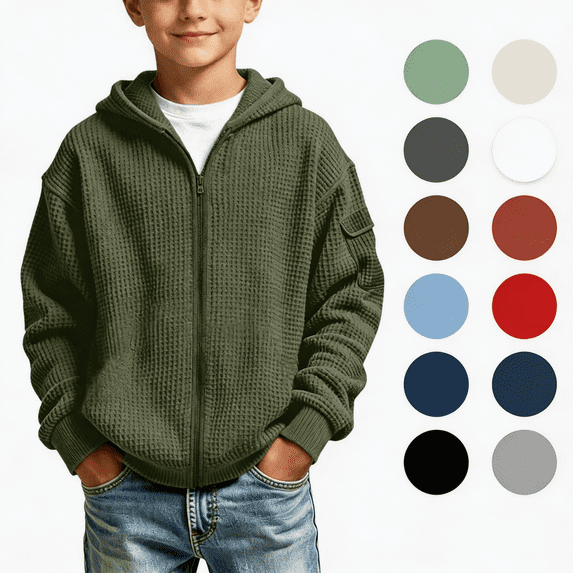 LONKITO Boys Hoodies Waffle Long Sleeve Zip-up Hoodie with Pocket for Kids Boy Clothes Size 13-14 Years