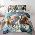 thumbnail image 1 of Horse Bedding Comforter Sets 7Pcs Galloping Horse Bed In A Bag ,Wild Animal Queen Bedding Sets Pink Floral Sheet Set With Comforter Wildlife Themed Bed Set Teal Room Decorative, 1 of 4