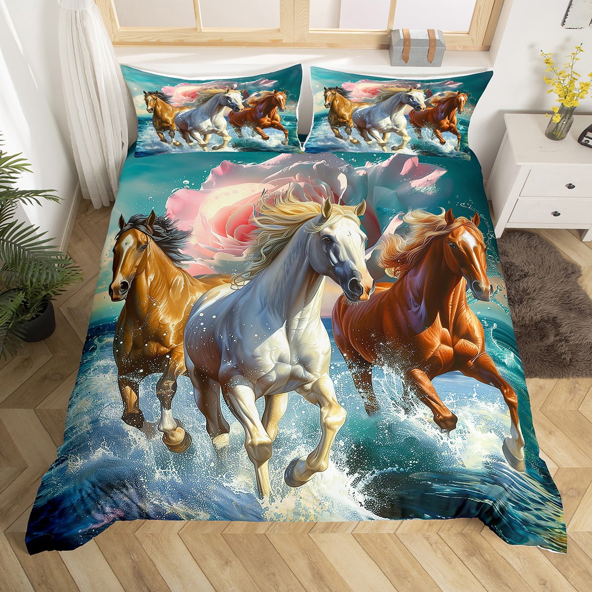 Boys Horse Duvet Cover Twin Galloping Horse Bed Set For Kids,Wild