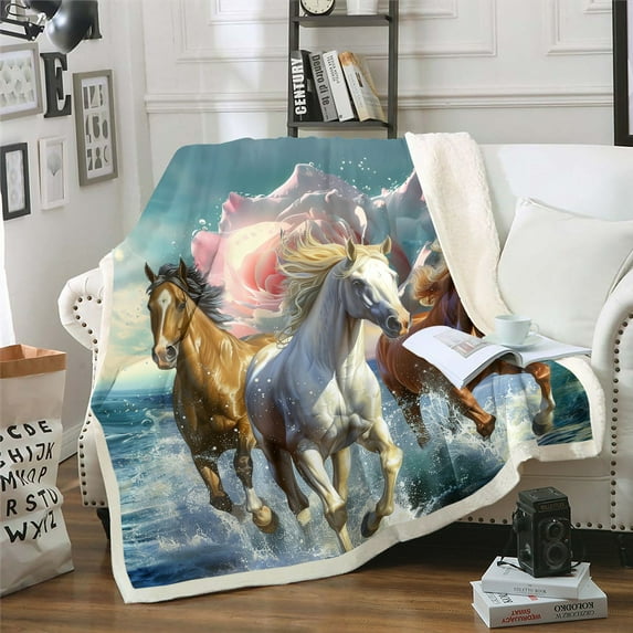 Horse Fleece Blanket Twin Galloping Horse Throw Blanket ,Wild Animal Blanket Pink Floral Fuzzy Blanket Themed Bed Blanket Teal Room Decorative,Microfiber