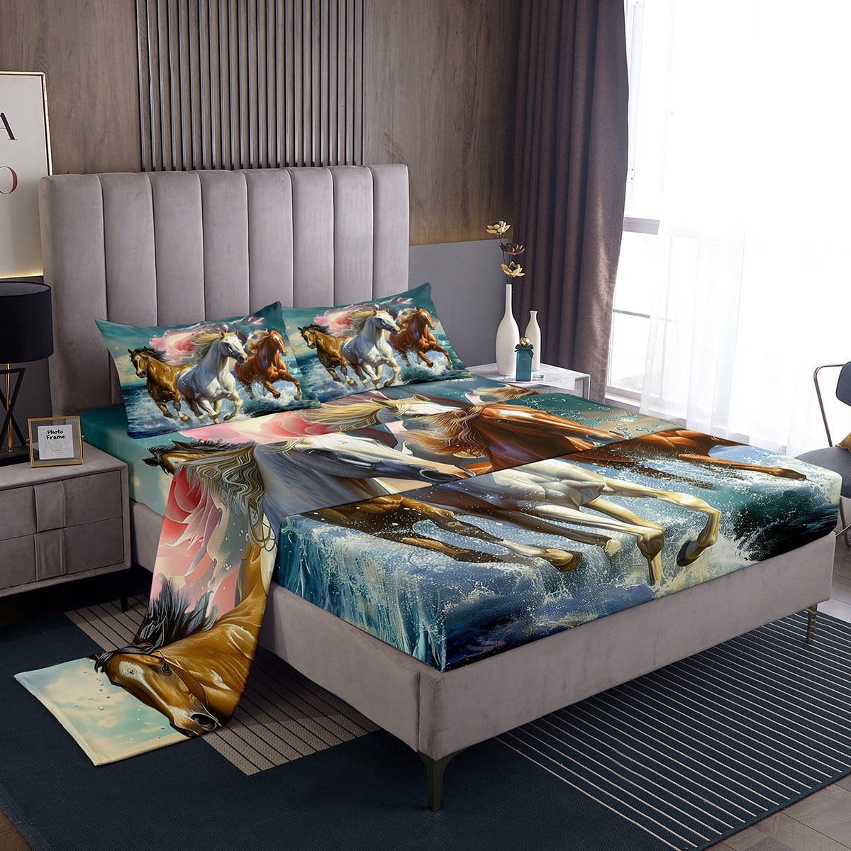 Erosebridal Full Sheet Set – Black Horse & Sunflower Design, Blue Sky Clouds, 4-Piece Microfiber