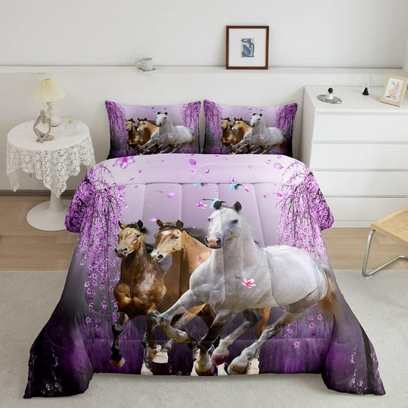 Horse King Size Comforter Set Cherry Blossom Branches Steed Women Lavender Purple Bedding Set Teens Galloping Horse Comforter 3D Animal Decor Quilt Set Bedroom Collection