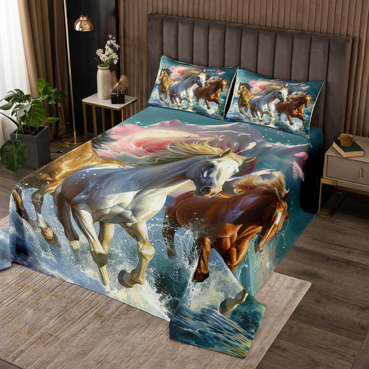 Boys Horse Queen Quilt Set Galloping Horse Bedspread Set For Kids,Wild