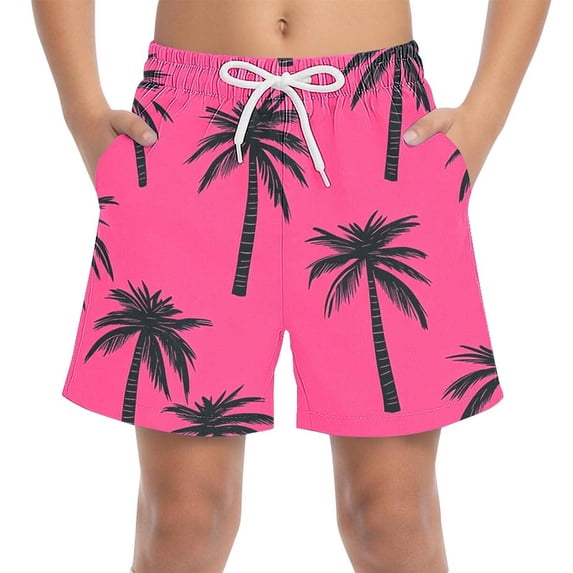 Boys Hot Pink Tropical Palm Tree Print Quick Dry Beach Shorts with Elastic Waistband Drawstring Side Pockets,Size 4-5T