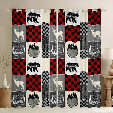 Hunting Deer Curtains & Drapes, Rustic Cabin Lodge Curtains Bear 30%-50% Blackout Curtains 42"Wx63"L 2 Panels, Western Country Farmhouse Wooden Board Window Treatments, Rustic Gifts For Mom