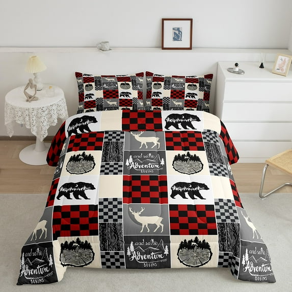 Hunting Deer Quilt, Rustic Cabin Lodge Comforter Set Wildlife Bear Bedding Set Full Size, Western Country Farmhouse Wooden Board Down Comforter With 2 Pillow Cases, Rustic Gifts For Mom