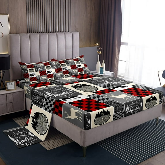 Hunting Deer Sheet Set, Rustic Cabin Lodge Bed Sheets Set Wildlife Bear Sheets Queen Size, Western Country Farmhouse Wooden Board Bedding Set, 2 Pillow Cases, Rustic Gifts For Mom