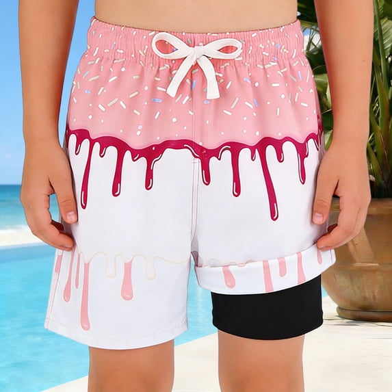 Boys Ice Cream Drip Print Swim Trunks With Built In Liner Side Pockets Quick Dry Beach Shorts For Summer Pool And Water Activities,Pink,150