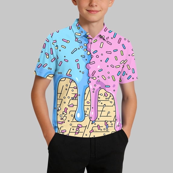 Boys' Ice Cream Print Polo Shirt Short Sleeve Pink Graphic Playful Casual Shirt 100% Polyester for Kids,Size 12-13 T