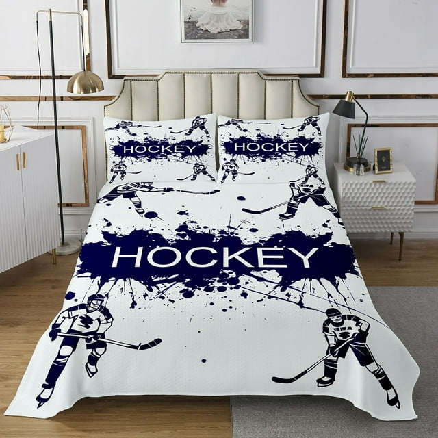 Boys Ice Hockey Coverlet Set Winter Sports Games Quilt Set Queen Size