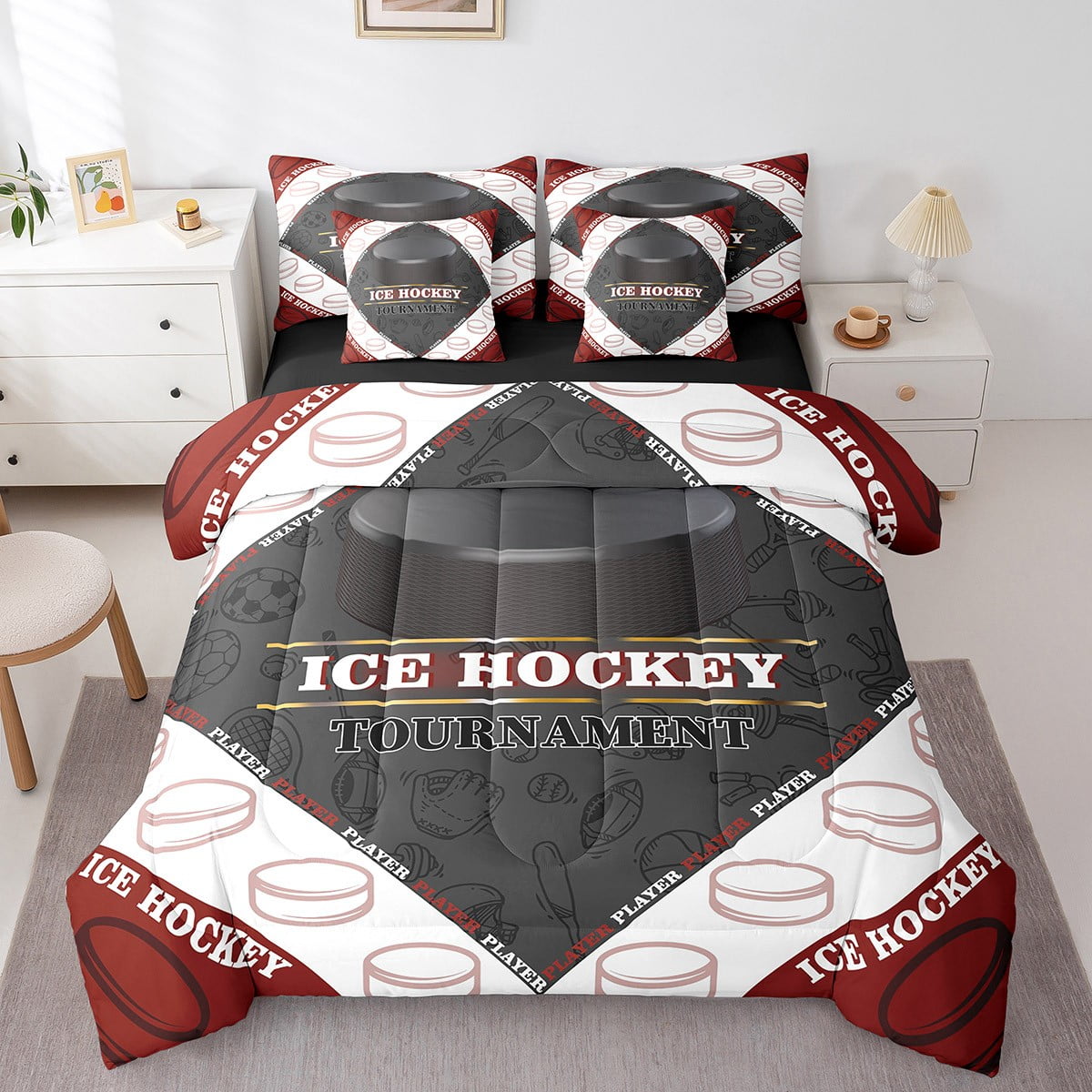 Boys Ice Hockey Games Bedding Set Puck Competitive Sports Bed In A Bag