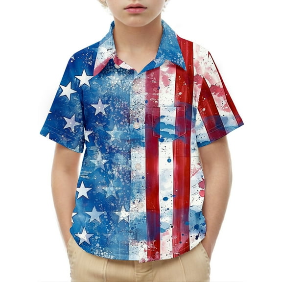 Boys Independence Day Outfits Button Down Shirts Summer Short Sleeve Patriotic Blouses Graphic Tees Festival Clothes Multicolor， 10 Years