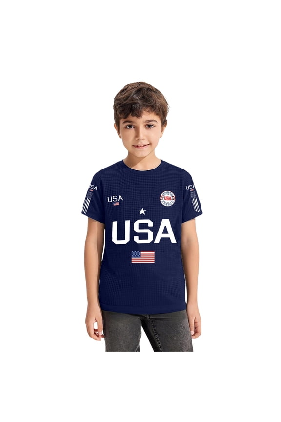 Boys’ Independence Day USA Logo T-Shirt, Patriotic 4th of July Kids Short Sleeve Tee