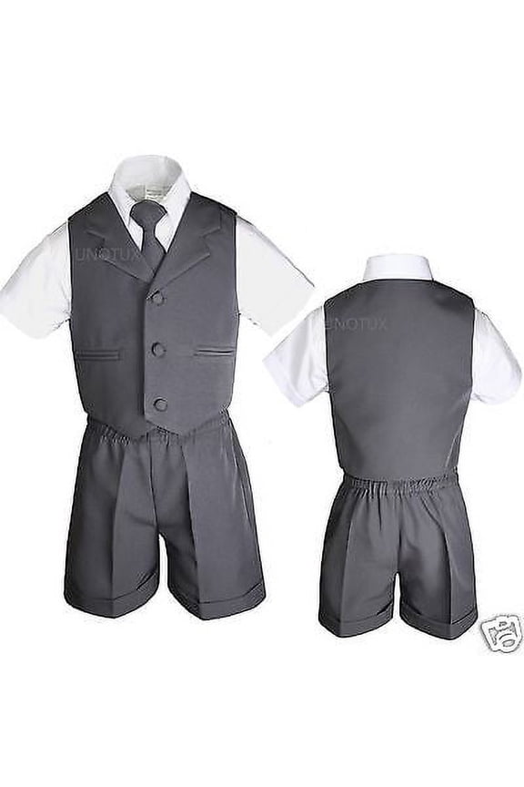 Boys Infant Toddler Formal Eton Dark Gray Vest Set Shorts Suit S M L XL 2T 3T 4T