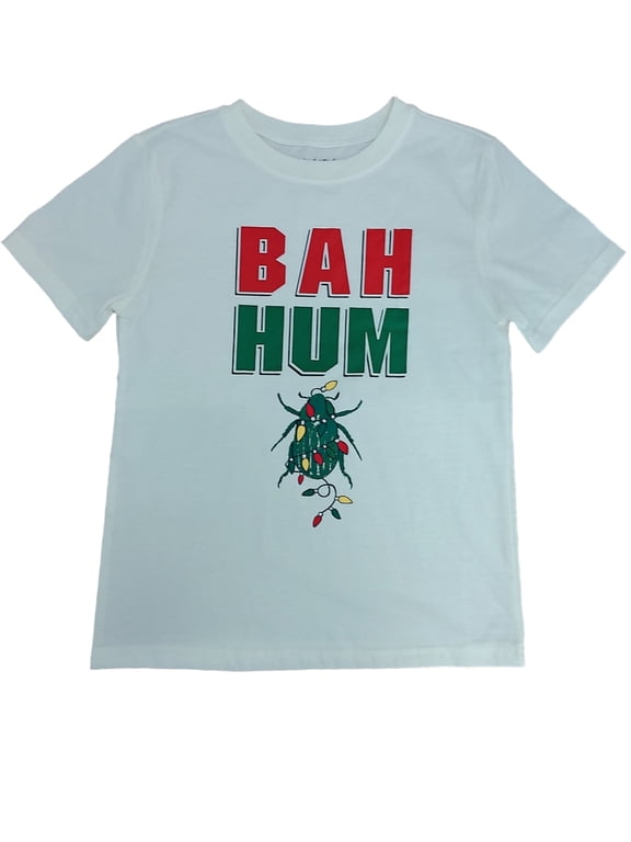 Boys Ivory Bah Hum Bug Christmas T-Shirt Christmas Lights Beetle Shirt XS