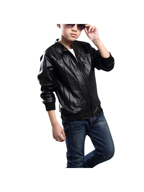 Boys Jacket Kids Spring Autumn Long Sleeve Leather Zipper Lightweight Pu Coats Boys' Outerwear Jackets Black 3 Years-4 Years