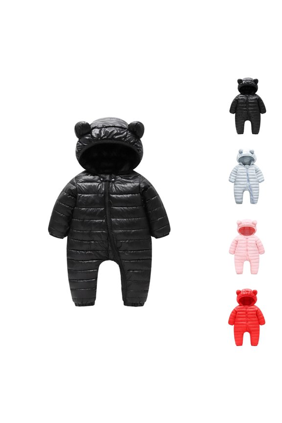 Boys Jacket Winter Warm Sports Hooded Long Sleeve Solid Color Full Zip Up Jumpsuit Down Coat Padded Outwear with Bear Ears for Boys Outdoor Activities