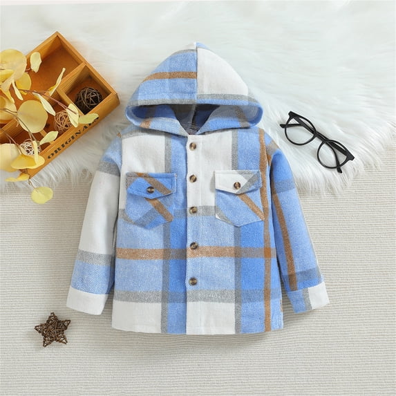 Boys Jackets Plaid Print Hooded Pocket Button-Up Shirt Outerwear for Casual Wear Blue 3 Years-4 Years