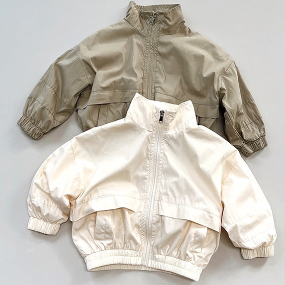 Boys' Jackets Solid Print Neck Pocket Zipper Outerwear for Everyday Wear Beige 5 Years-6 Years