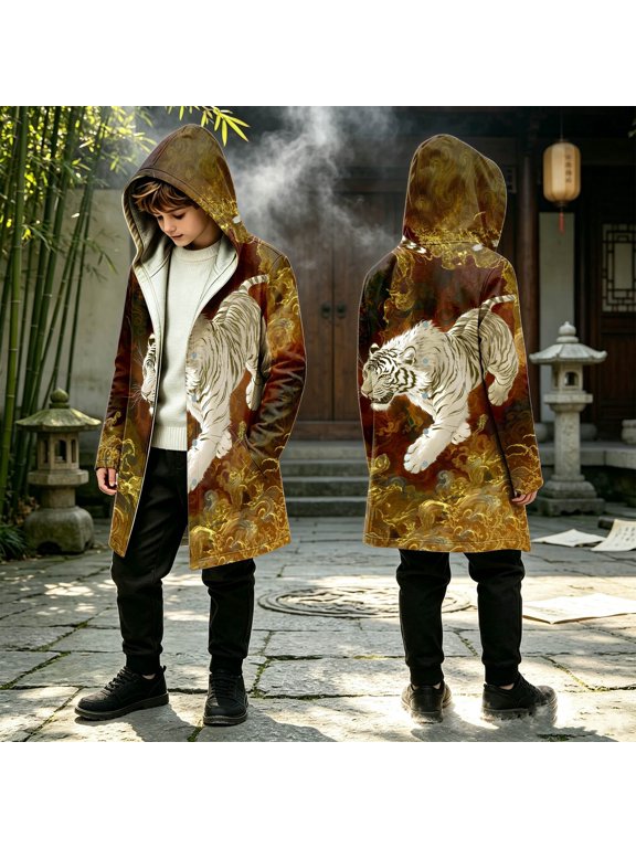 Boys Jackets Vintage Solid Print Hooded Long Sleeve Zipper Pocket Mid-Length Jumper Coat for Outdoor Wear Gold 9 Years-10 Years