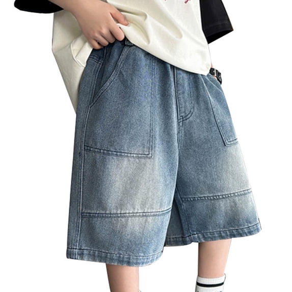 Boys' Jean Shorts Baggy Loose Wide Leg Denim Cargo Short Pants with Pockets Summer Long Shorts, Blue 14-15 Years