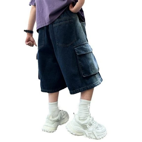 Boys Jean Shorts Casual Loose Elastic Waist Denim Shorts with Pocket Boys Summer Clothes Teen Boys Shorts 13-14 Years