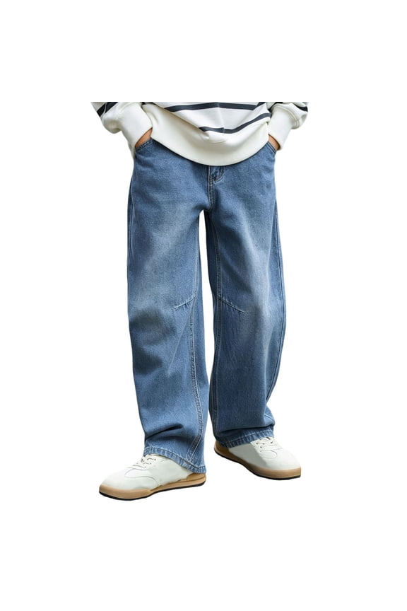 Boys Jeans Baggy Straight Leg Elastic Waist Loose Denim Pants with Pockets Years 5-14 Light Blue