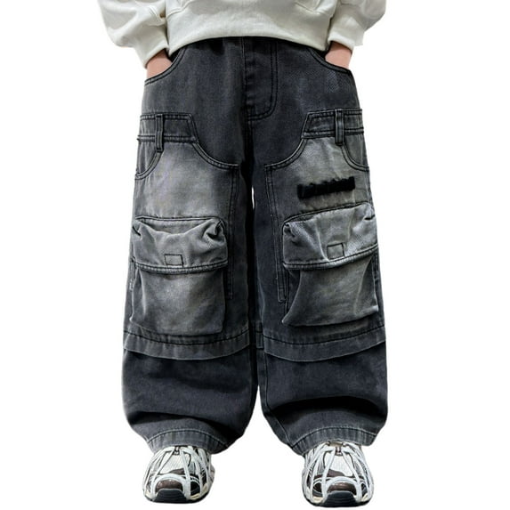 Boys Jeans Blue Cargo Jogger Pants Elastic Waist Straight with Pocket Classic Fit Jogger Boy Clothes 11-13 Years