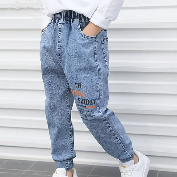 Boys Jeans Drawstring Elastic Waist Demin Pants Fall Spring Stretch Pants Blue 8-9 Years