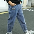 thumbnail image 1 of Boys Jeans Drawstring Elastic Waist Demin Pants Fall Spring Stretch Pants Blue B 6-7 Years, 1 of 1