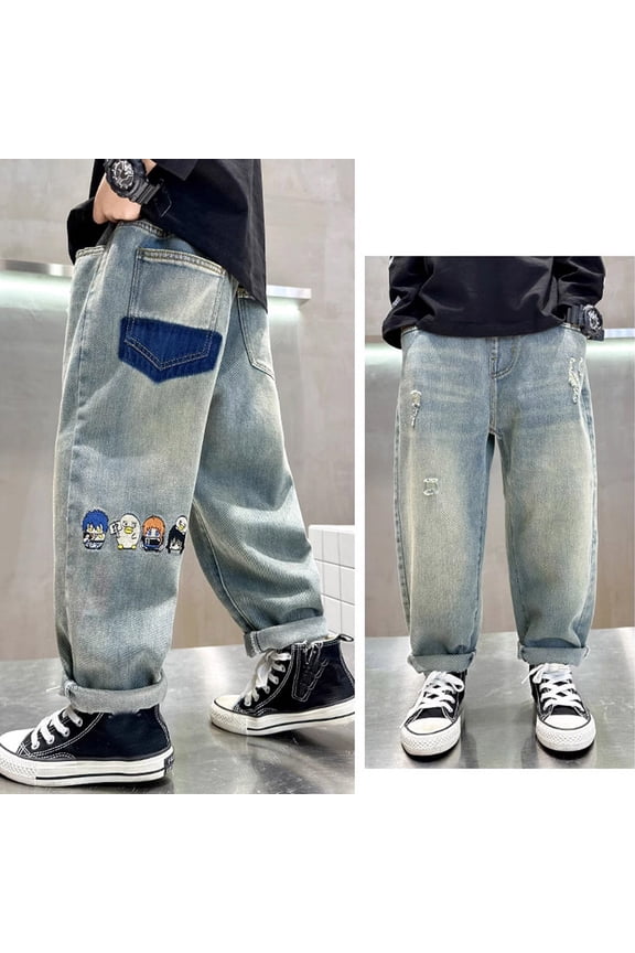 Boys Jeans Kids Toddler Boys Baggy Jeans Straight Leg Elastic Waist Distressed Ripped Denim Pants with Pockets and Holes Jeans for Teens Blue 10 Years-12 Years