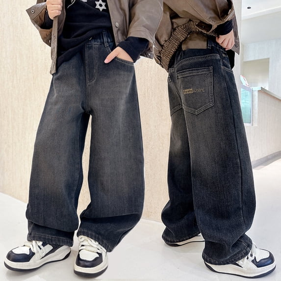 Boys Jeans Size 10-11 Elastic Waistband Pull-On Casual Demin Pants Comfy Plain Long Trousers Streetwear Boys Back To School Clothes, Blue
