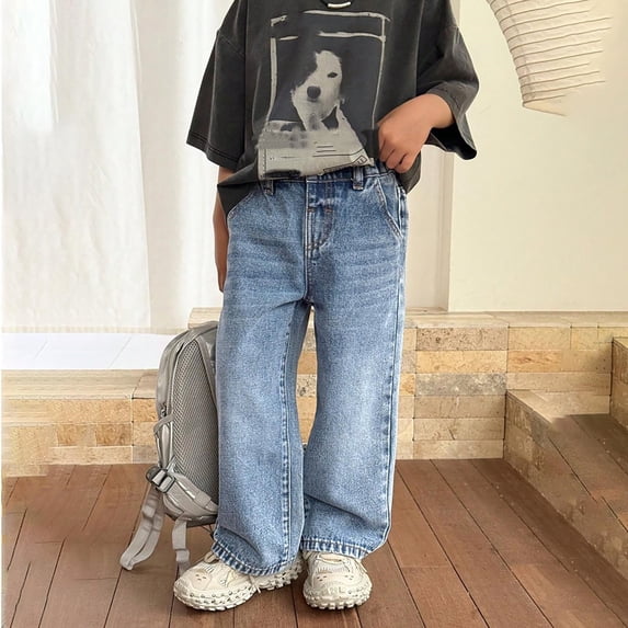 Boys Jeans Size 5-6Y Casual Wide Leg Denim Cargo Trousers Teenagers Comfortable Spring Streetwear Loose Kids Pants Light Blue