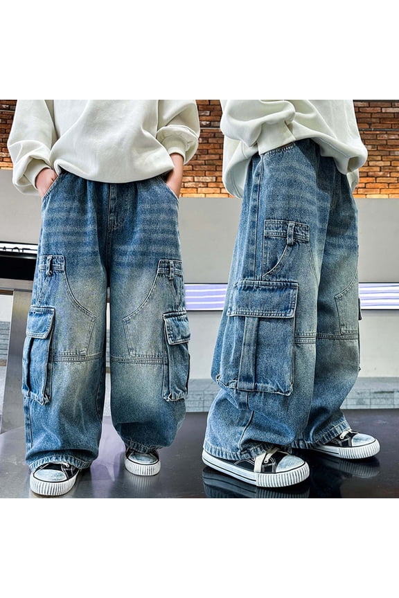 Boys Jeans Size 6-7Y Stylish Comfortable Straight Wide Leg Retro Cargo Trousers Casual Loose Handsome Big Kids Pants Blue