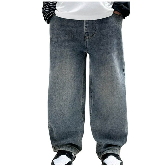 Boys Jeans Wide Leg Baggy Teen Denim Pants Mid Rise Elastic Waist Trousers with Pockets 5-15 Years