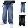 thumbnail image 1 of Boys Jeans Wide Leg Loose Fit Vintage Baggy Denim Pants with Pockets Casual Elastic Waist Fall Winter Trendy Jeans Streetwear Light Blue Sizes 11-12 Y, 1 of 8