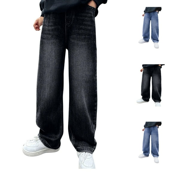 Boys Jeans Wide Leg Loose Fit Vintage Baggy Denim Pants with Pockets Casual Elastic Waist Fall Winter Trendy Jeans Streetwear Black Sizes 11-12 Y