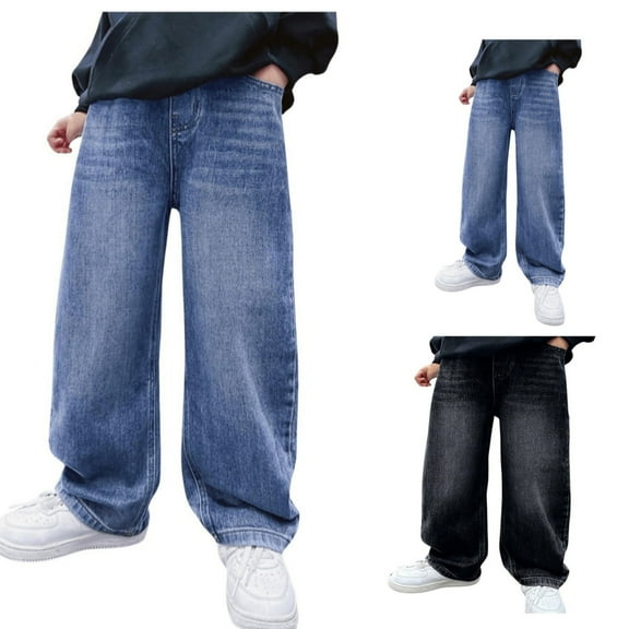 Boys Jeans Wide Leg Loose Fit Vintage Baggy Denim Pants with Pockets Casual Elastic Waist Fall Winter Trendy Jeans Streetwear Light Blue Sizes 4-5 Y